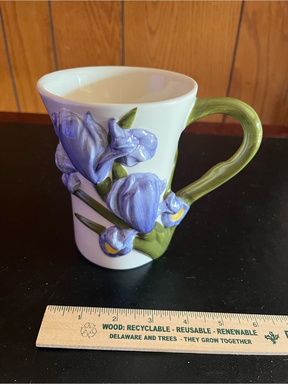 Hand-Painted Ceramic Vase with Purple Iris and Green Stem